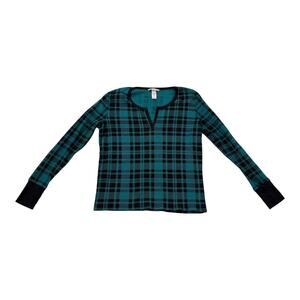 Victoria's Secret Teal Blue Green Plaid Notch Neck Long Sleeve Top Sz Medium EUC